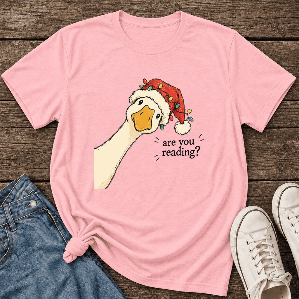 Are You Reading Goose Ultra-Soft Cotton T-Shirt | Christmas Book Lover Gift Pink