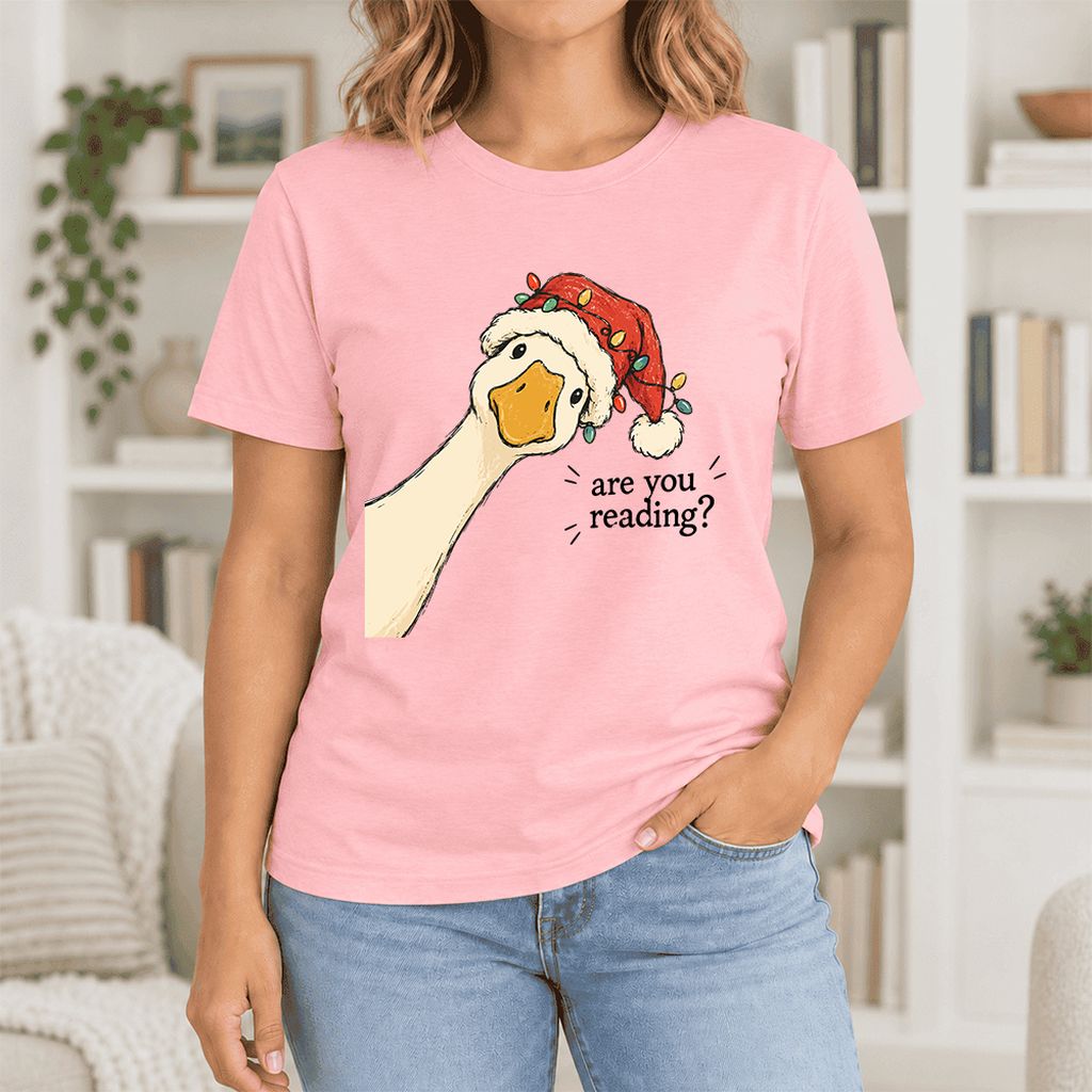 Are You Reading Goose Ultra-Soft Cotton T-Shirt | Christmas Book Lover Gift Pink