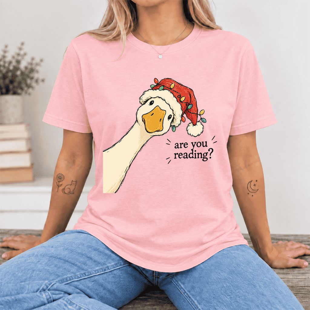 Are You Reading Goose Ultra-Soft Cotton T-Shirt | Christmas Book Lover Gift Pink