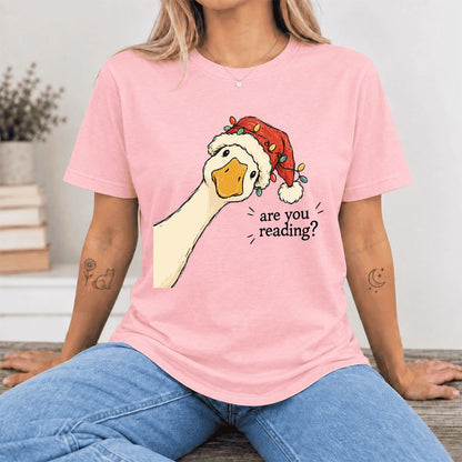 Are You Reading Goose Ultra-Soft Cotton T-Shirt | Christmas Book Lover Gift Pink