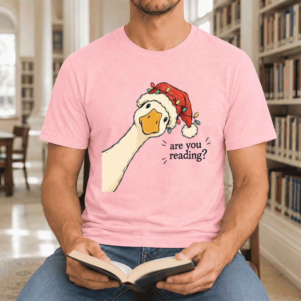Are You Reading Goose Ultra-Soft Cotton T-Shirt | Christmas Book Lover Gift Pink
