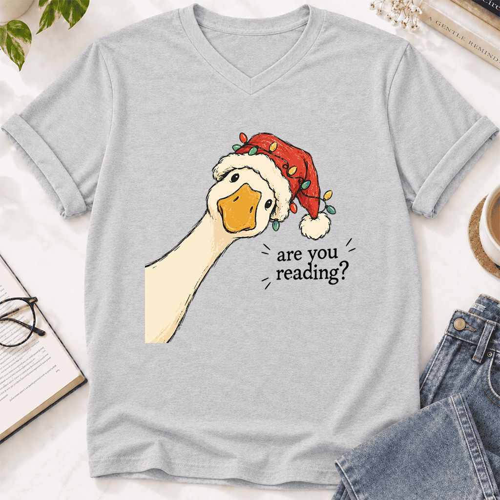 Are You Reading Goose Ultra-Soft V-Neck | Funny Christmas Book Lover Gift Ash