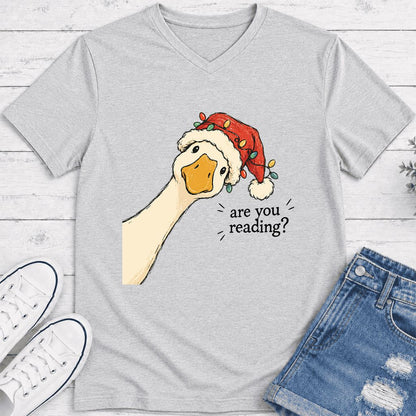 Are You Reading Goose Ultra-Soft V-Neck | Funny Christmas Book Lover Gift Ash