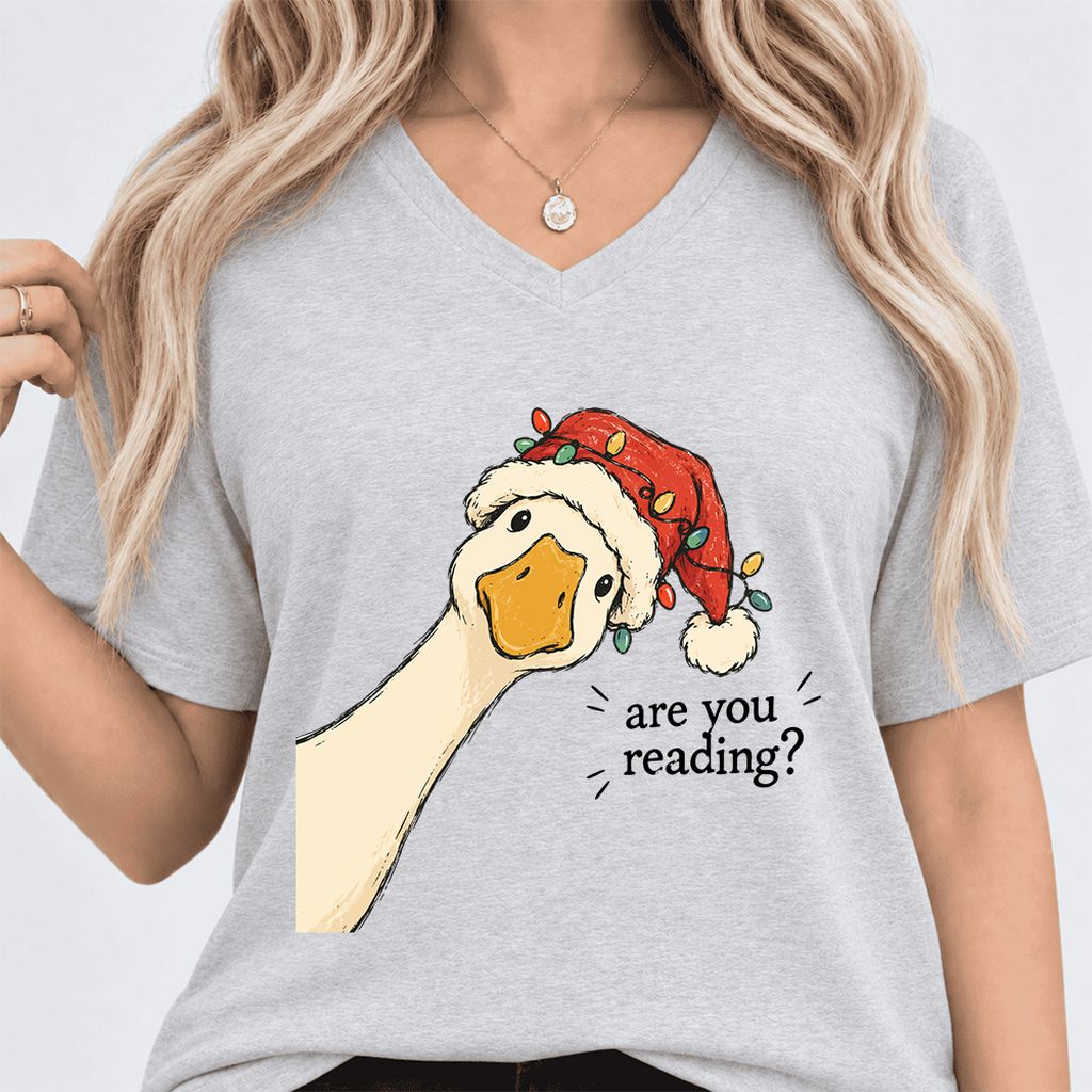 Are You Reading Goose Ultra-Soft V-Neck | Funny Christmas Book Lover Gift Ash