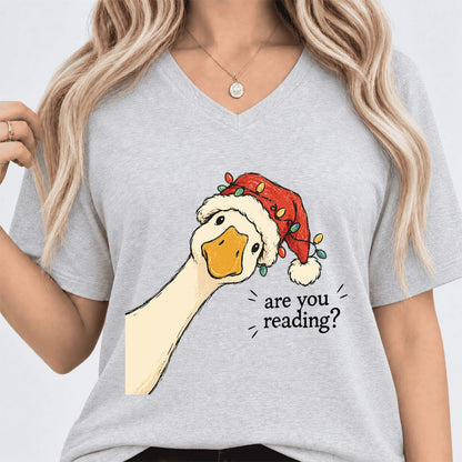 Are You Reading Goose Ultra-Soft V-Neck | Funny Christmas Book Lover Gift Ash