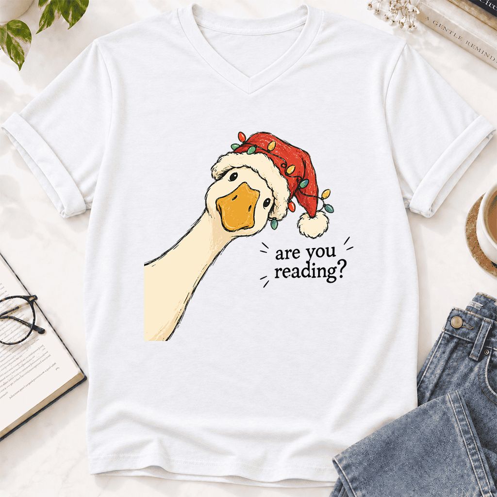 Are You Reading Goose Ultra-Soft V-Neck | Funny Christmas Book Lover Gift White