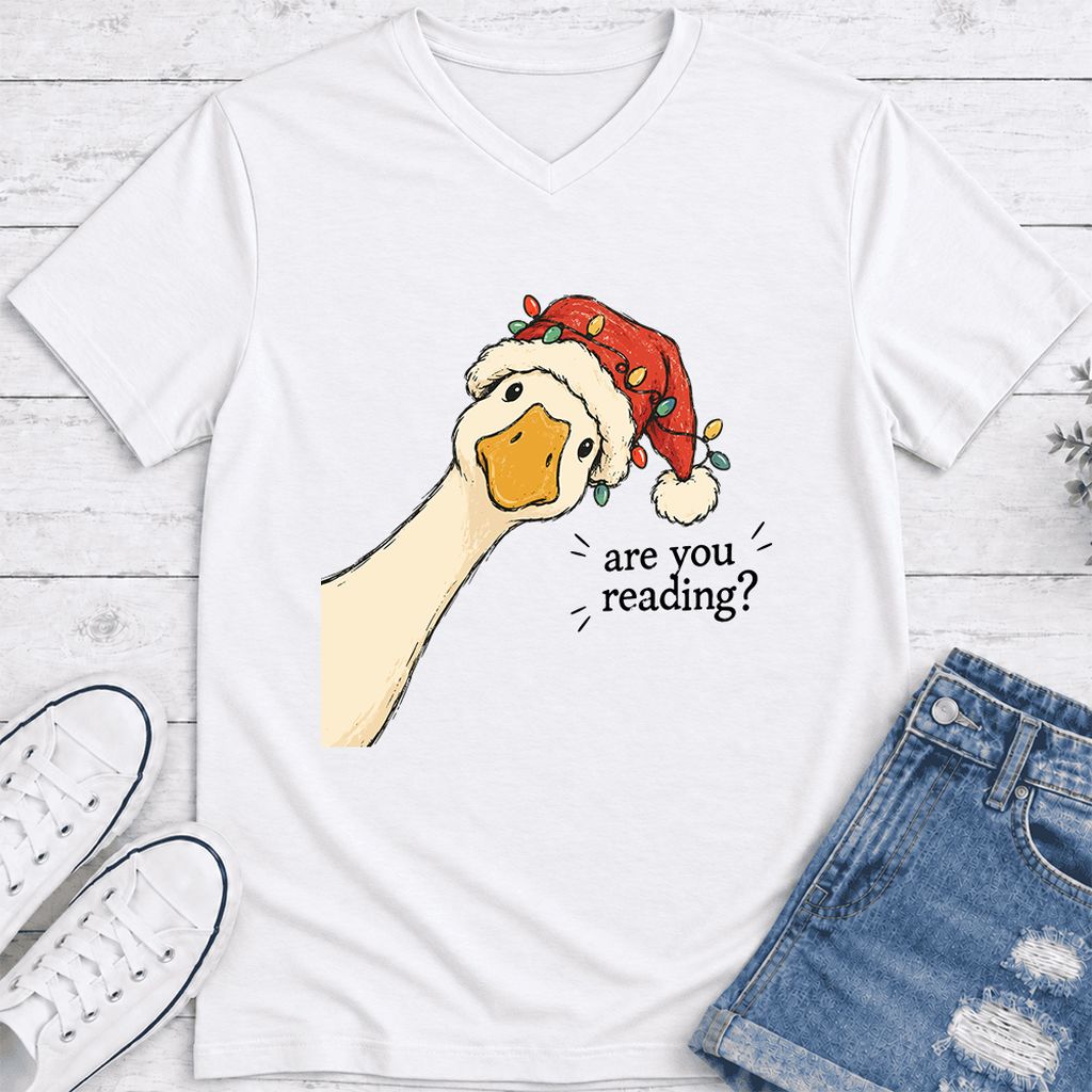 Are You Reading Goose Ultra-Soft V-Neck | Funny Christmas Book Lover Gift White