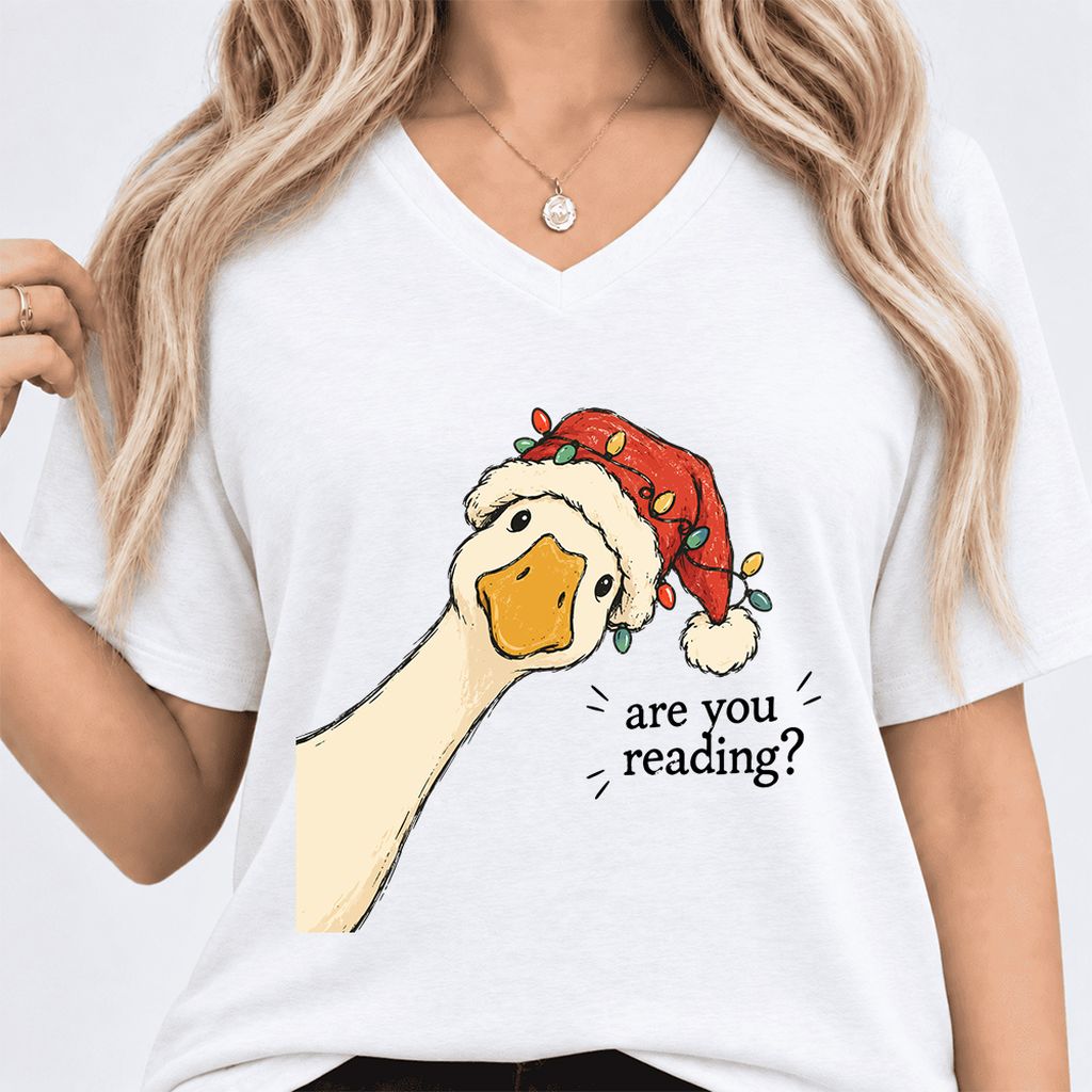 Are You Reading Goose Ultra-Soft V-Neck | Funny Christmas Book Lover Gift White