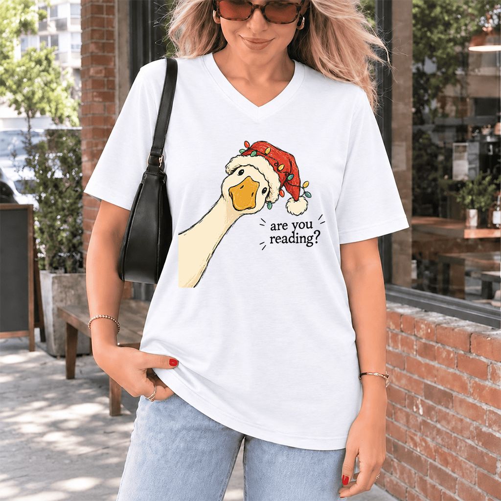 Are You Reading Goose Ultra-Soft V-Neck | Funny Christmas Book Lover Gift White