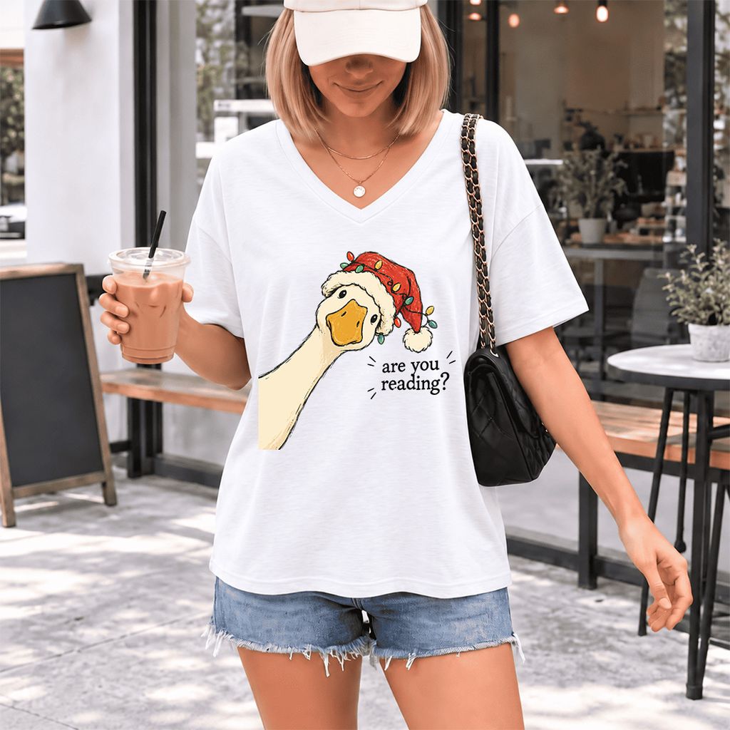 Are You Reading Goose Ultra-Soft V-Neck | Funny Christmas Book Lover Gift White