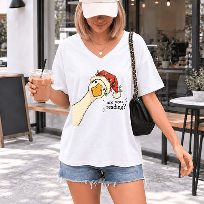 Are You Reading Goose Ultra-Soft V-Neck | Funny Christmas Book Lover Gift White
