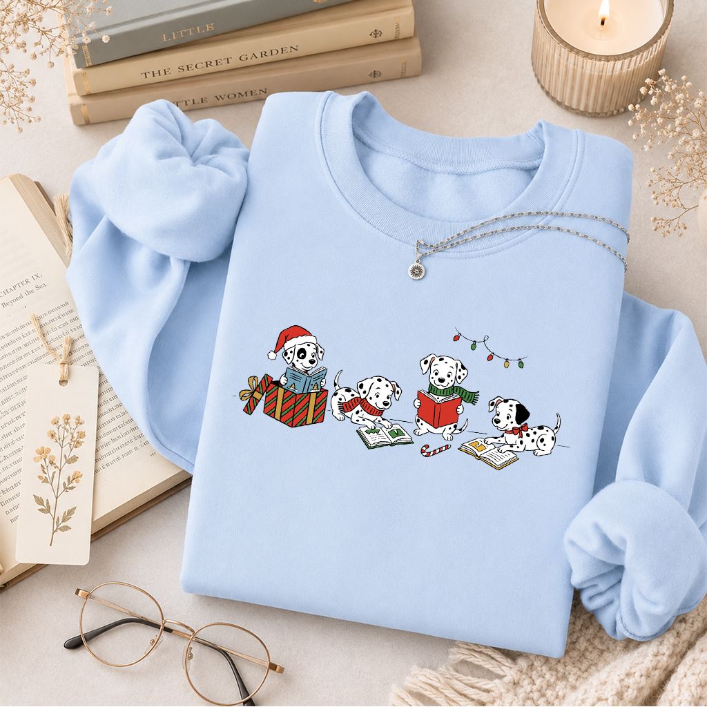 Dalmatian Dogs Reading Printed Sweatshirt | Christmas Book Lover Gift Light Blue