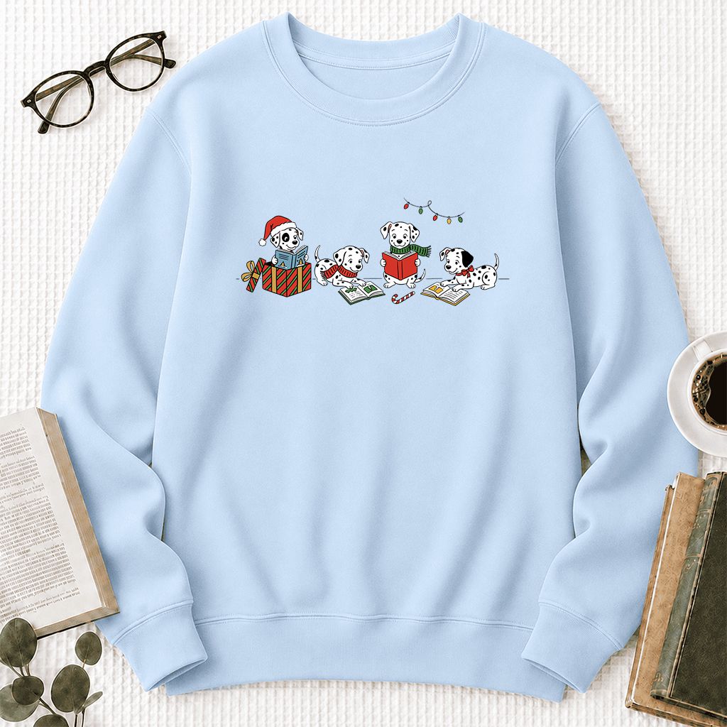 Dalmatian Dogs Reading Printed Sweatshirt | Christmas Book Lover Gift Light Blue