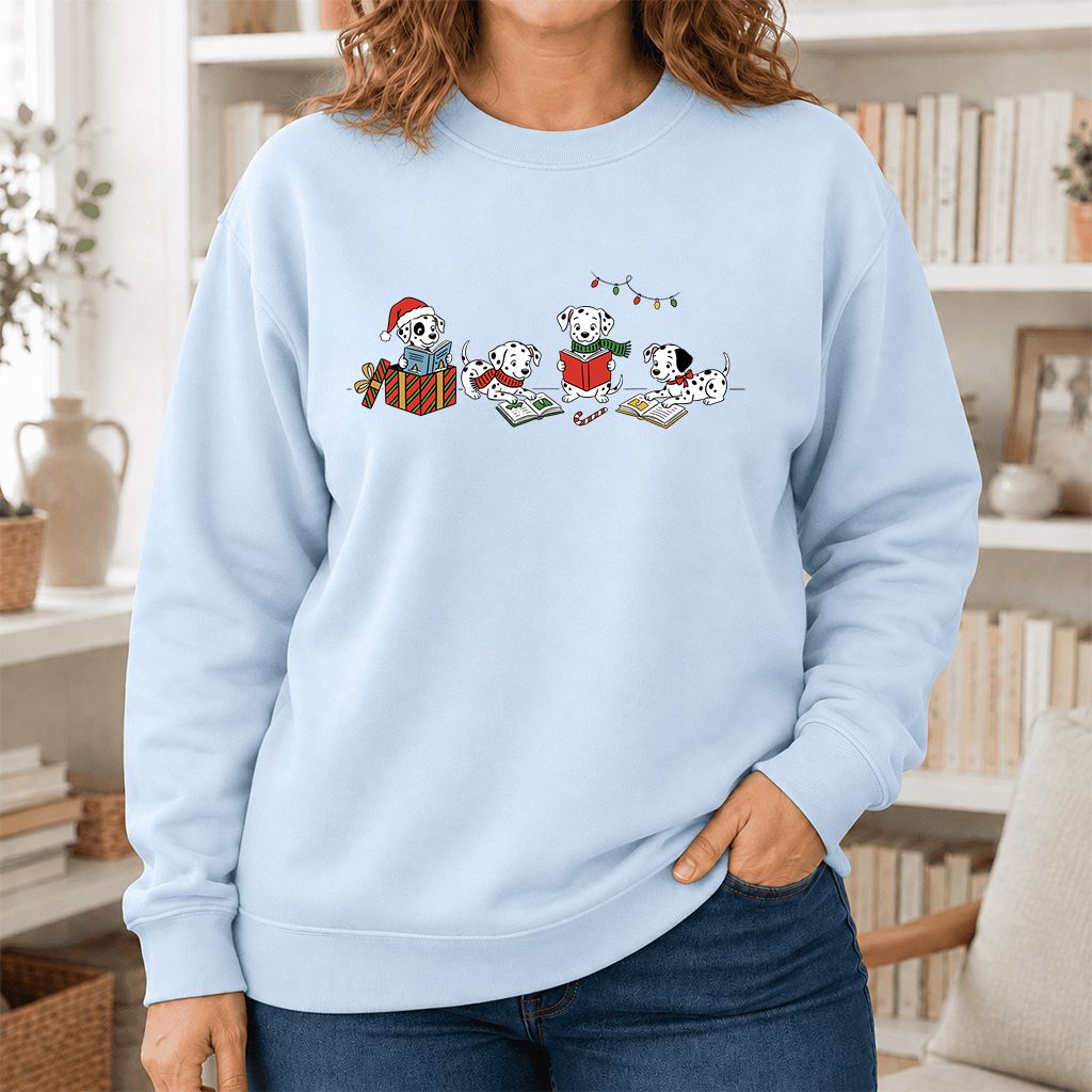 Dalmatian Dogs Reading Printed Sweatshirt | Christmas Book Lover Gift Light Blue
