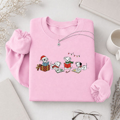 Dalmatian Dogs Reading Printed Sweatshirt | Christmas Book Lover Gift Light Pink