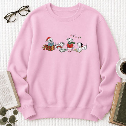 Dalmatian Dogs Reading Printed Sweatshirt | Christmas Book Lover Gift Light Pink