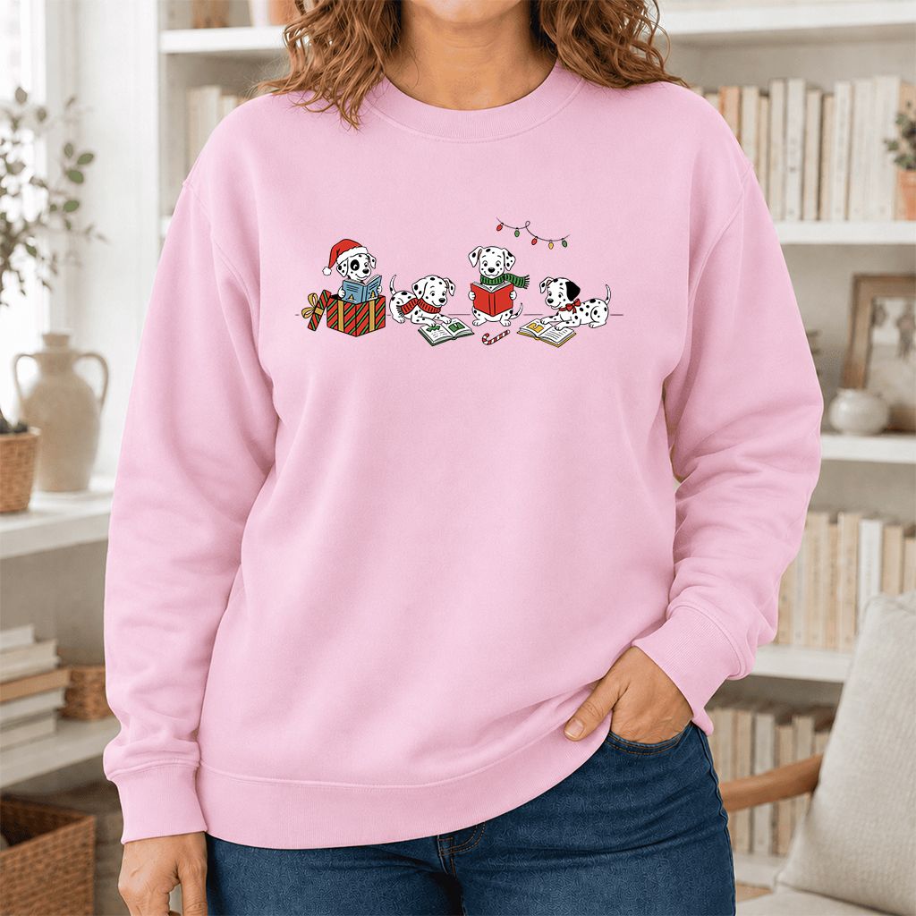 Dalmatian Dogs Reading Printed Sweatshirt | Christmas Book Lover Gift Light Pink