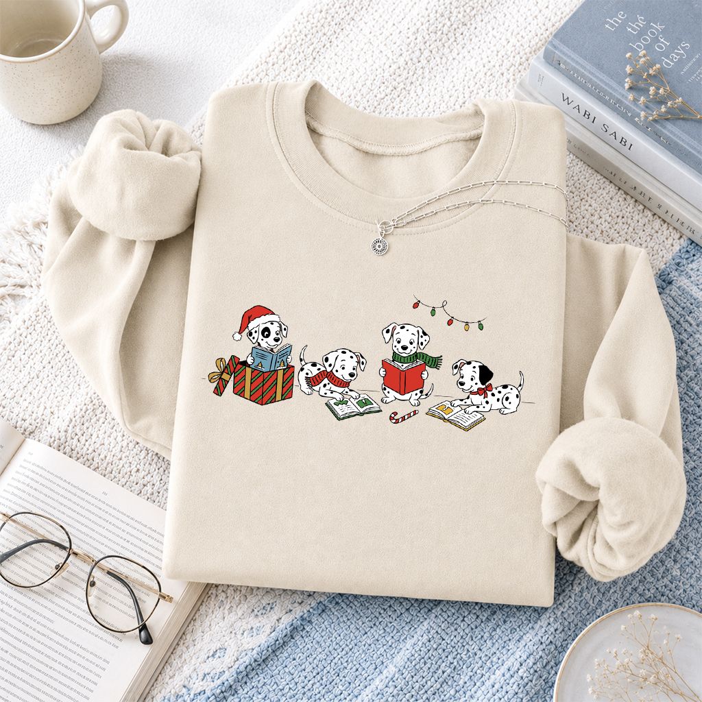 Dalmatian Dogs Reading Printed Sweatshirt | Christmas Book Lover Gift Sand