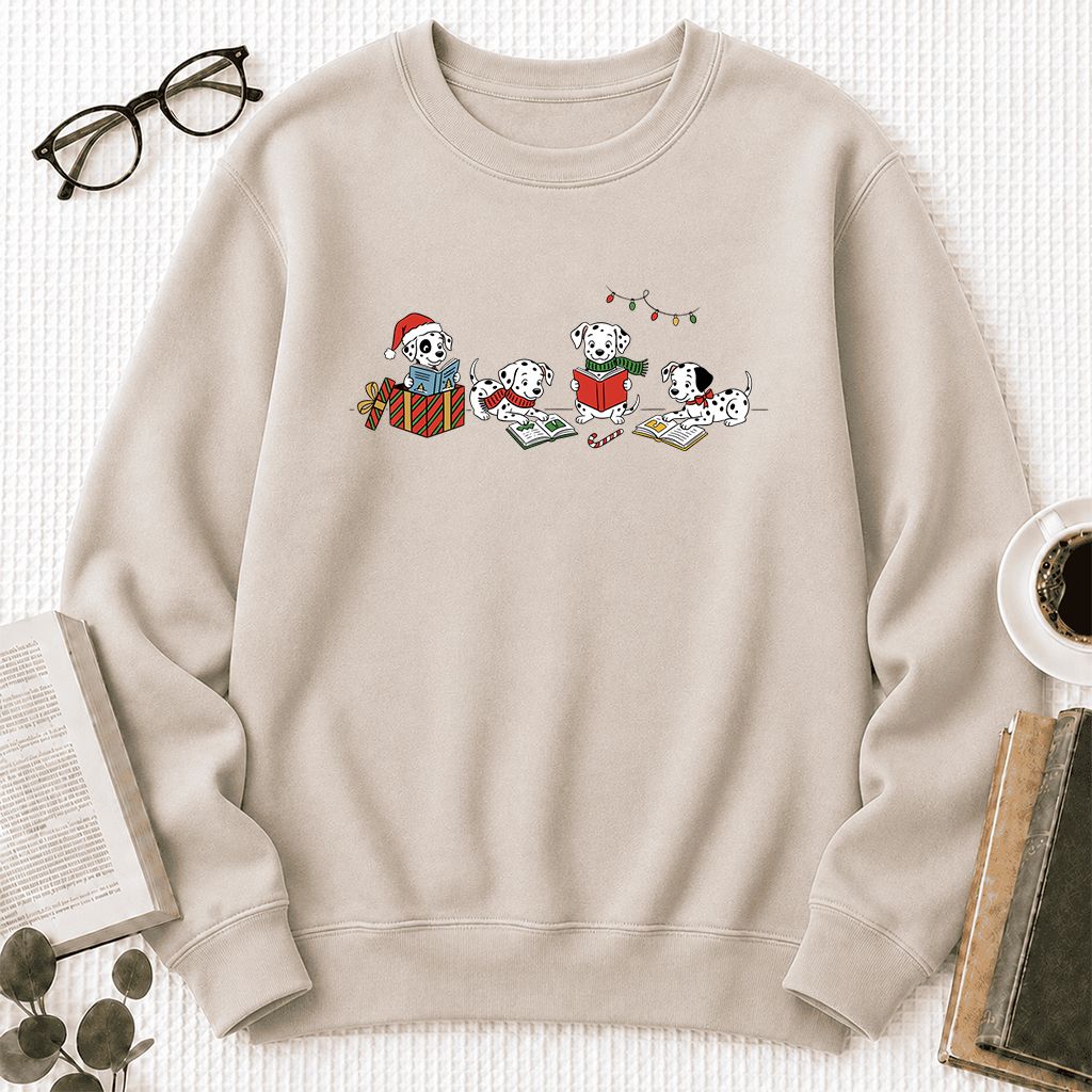 Dalmatian Dogs Reading Printed Sweatshirt | Christmas Book Lover Gift Sand