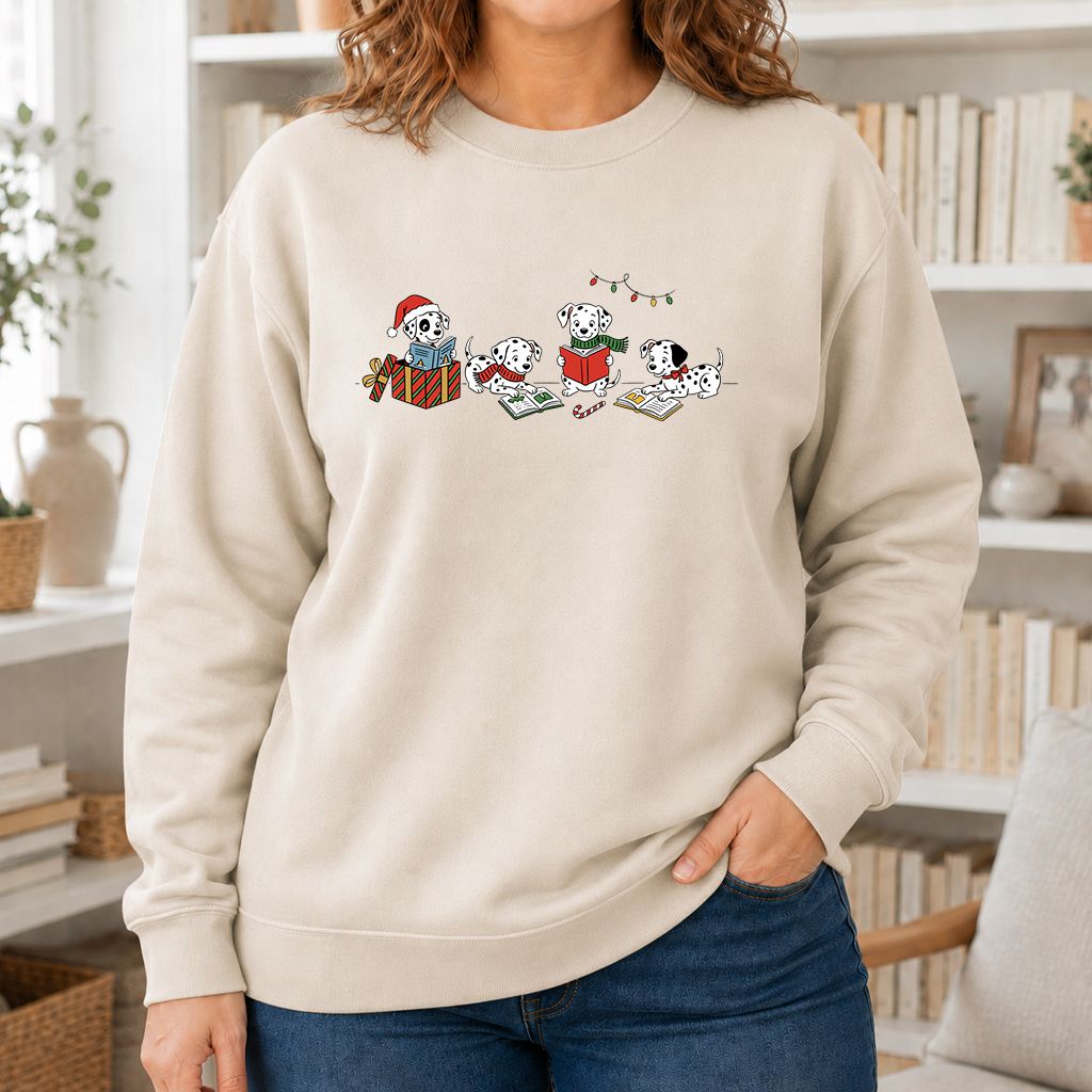 Dalmatian Dogs Reading Printed Sweatshirt | Christmas Book Lover Gift Sand