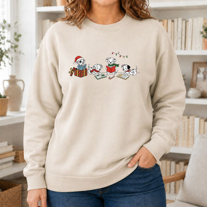 Dalmatian Dogs Reading Printed Sweatshirt | Christmas Book Lover Gift Sand