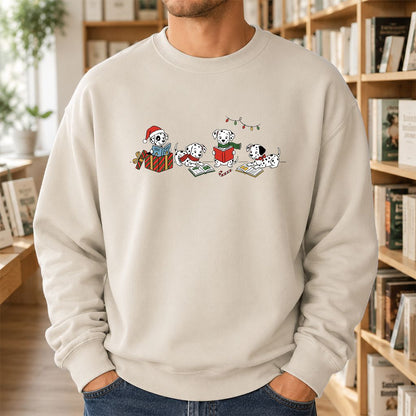 Dalmatian Dogs Reading Printed Sweatshirt | Christmas Book Lover Gift Sand