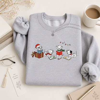 Dalmatian Dogs Reading Printed Sweatshirt | Christmas Book Lover Gift Sport Grey