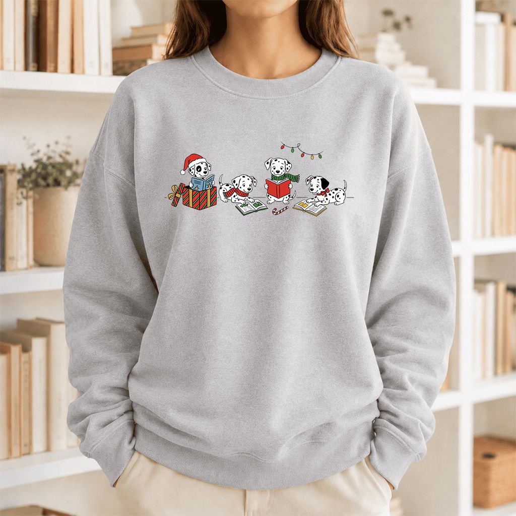 Dalmatian Dogs Reading Printed Sweatshirt | Christmas Book Lover Gift Sport Grey