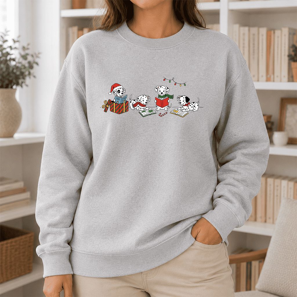 Dalmatian Dogs Reading Printed Sweatshirt | Christmas Book Lover Gift Sport Grey