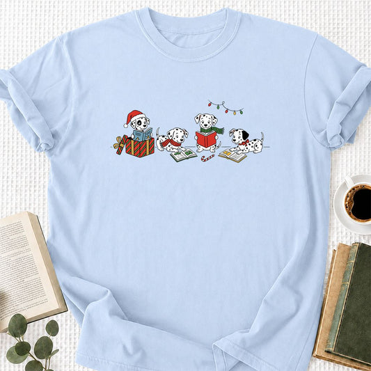 Dalmatian Dogs Reading Printed T-Shirt | Christmas Book Lover Gift Light Blue