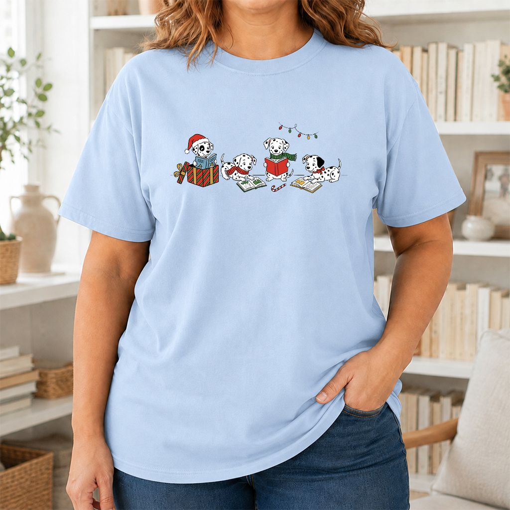 Dalmatian Dogs Reading Printed T-Shirt | Christmas Book Lover Gift Light Blue
