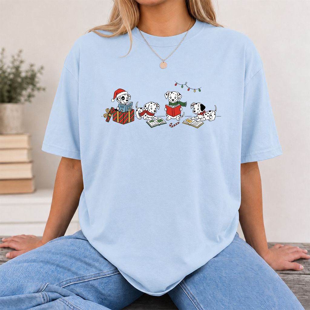 Dalmatian Dogs Reading Printed T-Shirt | Christmas Book Lover Gift Light Blue