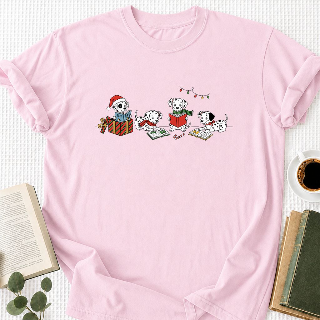 Dalmatian Dogs Reading Printed T-Shirt | Christmas Book Lover Gift Light Pink