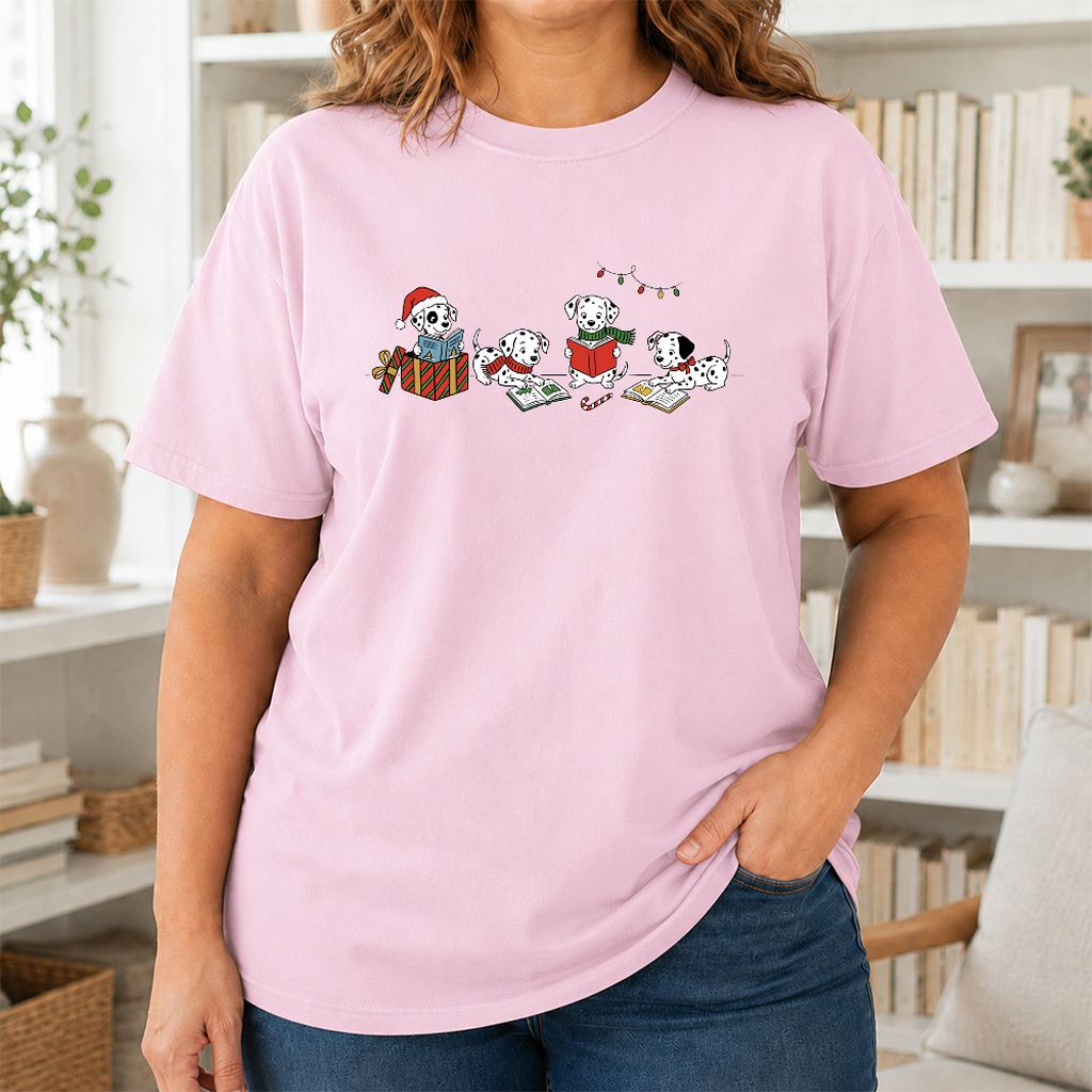 Dalmatian Dogs Reading Printed T-Shirt | Christmas Book Lover Gift Light Pink