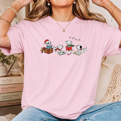 Dalmatian Dogs Reading Printed T-Shirt | Christmas Book Lover Gift Light Pink