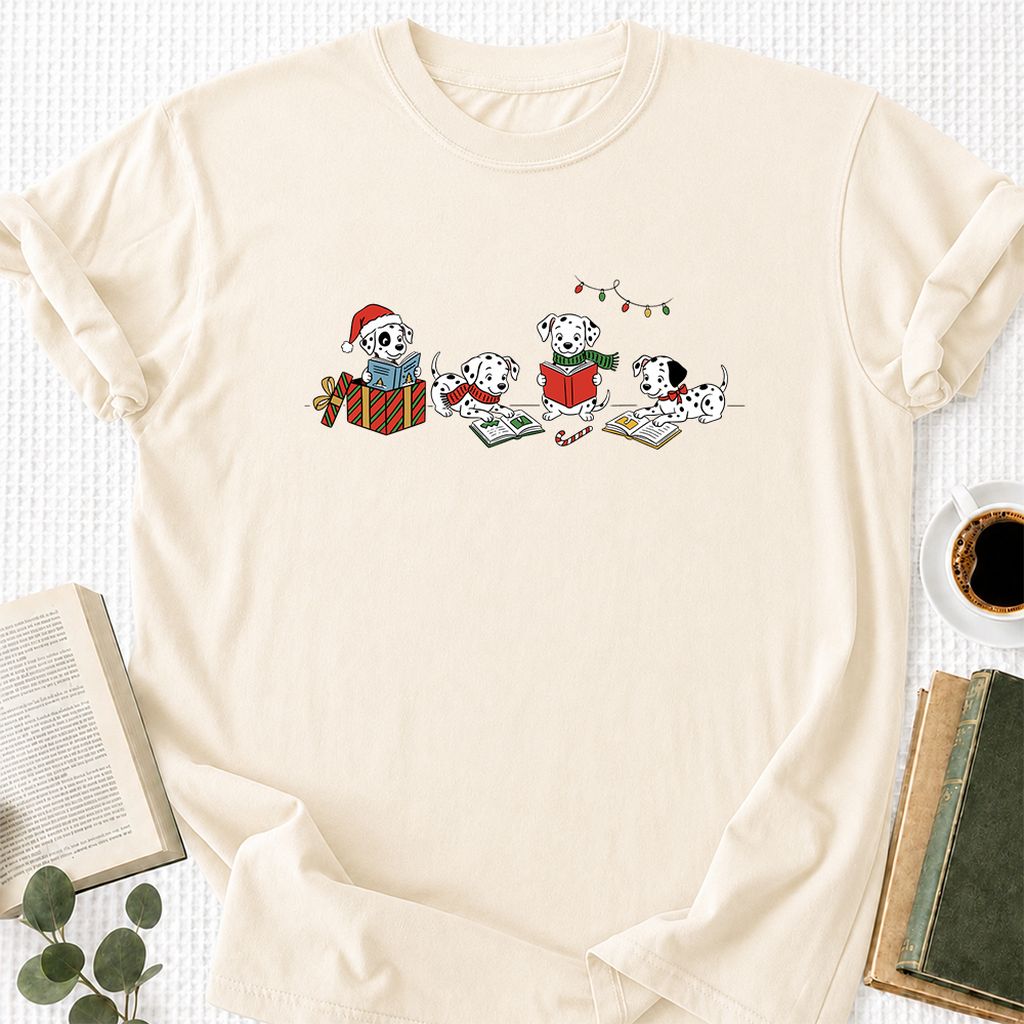 Dalmatian Dogs Reading Printed T-Shirt | Christmas Book Lover Gift Natural