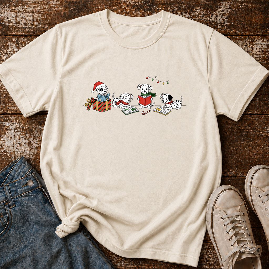Dalmatian Dogs Reading Printed T-Shirt | Christmas Book Lover Gift Natural