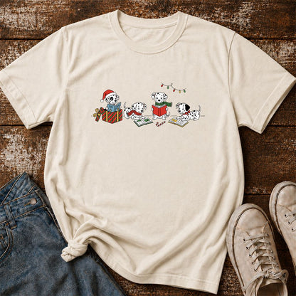 Dalmatian Dogs Reading Printed T-Shirt | Christmas Book Lover Gift Natural