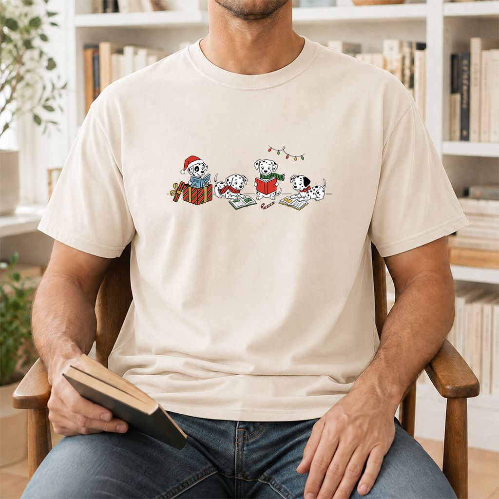 Dalmatian Dogs Reading Printed T-Shirt | Christmas Book Lover Gift Natural
