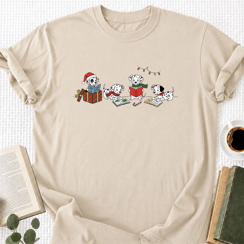Dalmatian Dogs Reading Printed T-Shirt | Christmas Book Lover Gift Sand