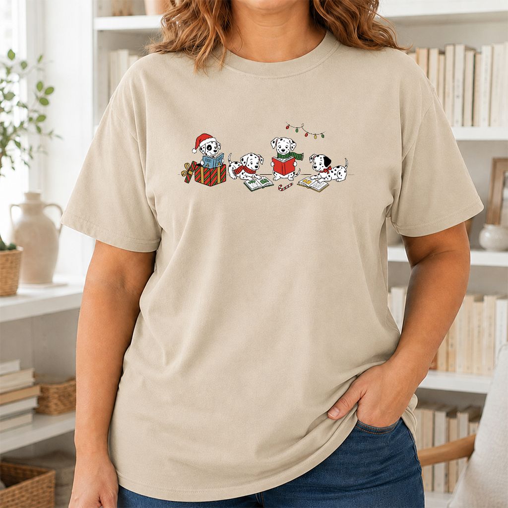 Dalmatian Dogs Reading Printed T-Shirt | Christmas Book Lover Gift Sand