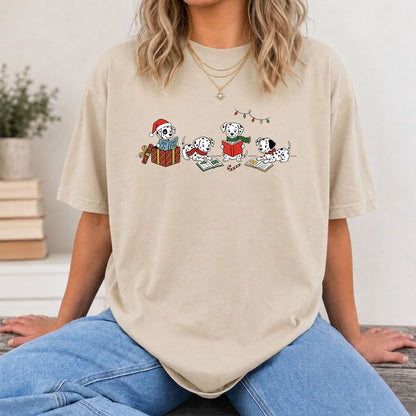 Dalmatian Dogs Reading Printed T-Shirt | Christmas Book Lover Gift Sand