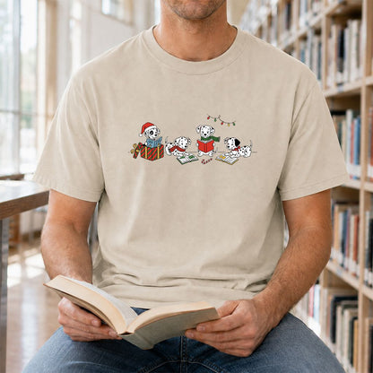 Dalmatian Dogs Reading Printed T-Shirt | Christmas Book Lover Gift Sand