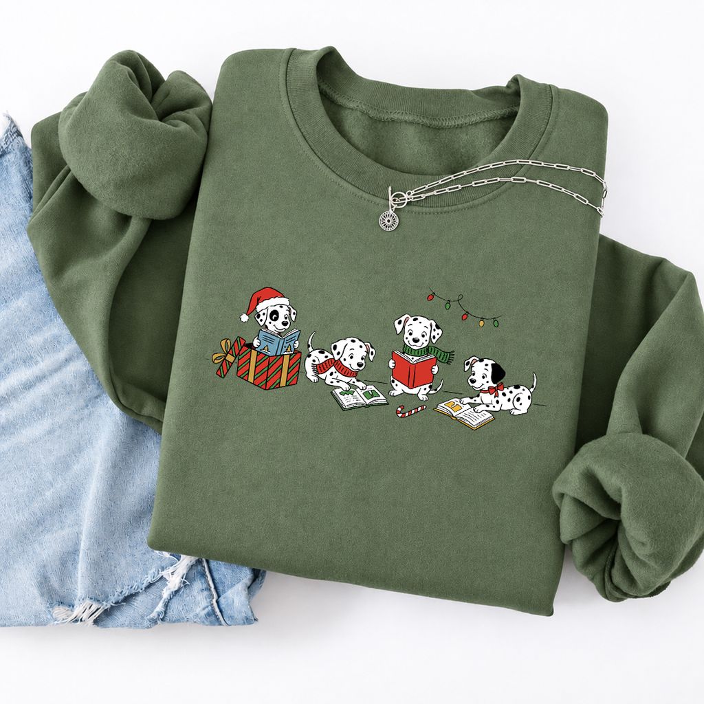 Dalmatian Dogs Reading Softstyle Sweatshirt | Christmas Book Lover Gift Military Green