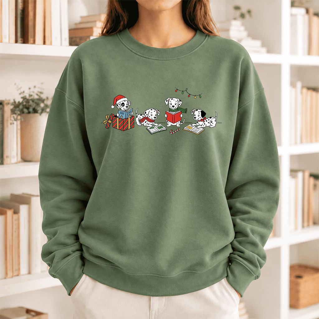 Dalmatian Dogs Reading Softstyle Sweatshirt | Christmas Book Lover Gift Military Green