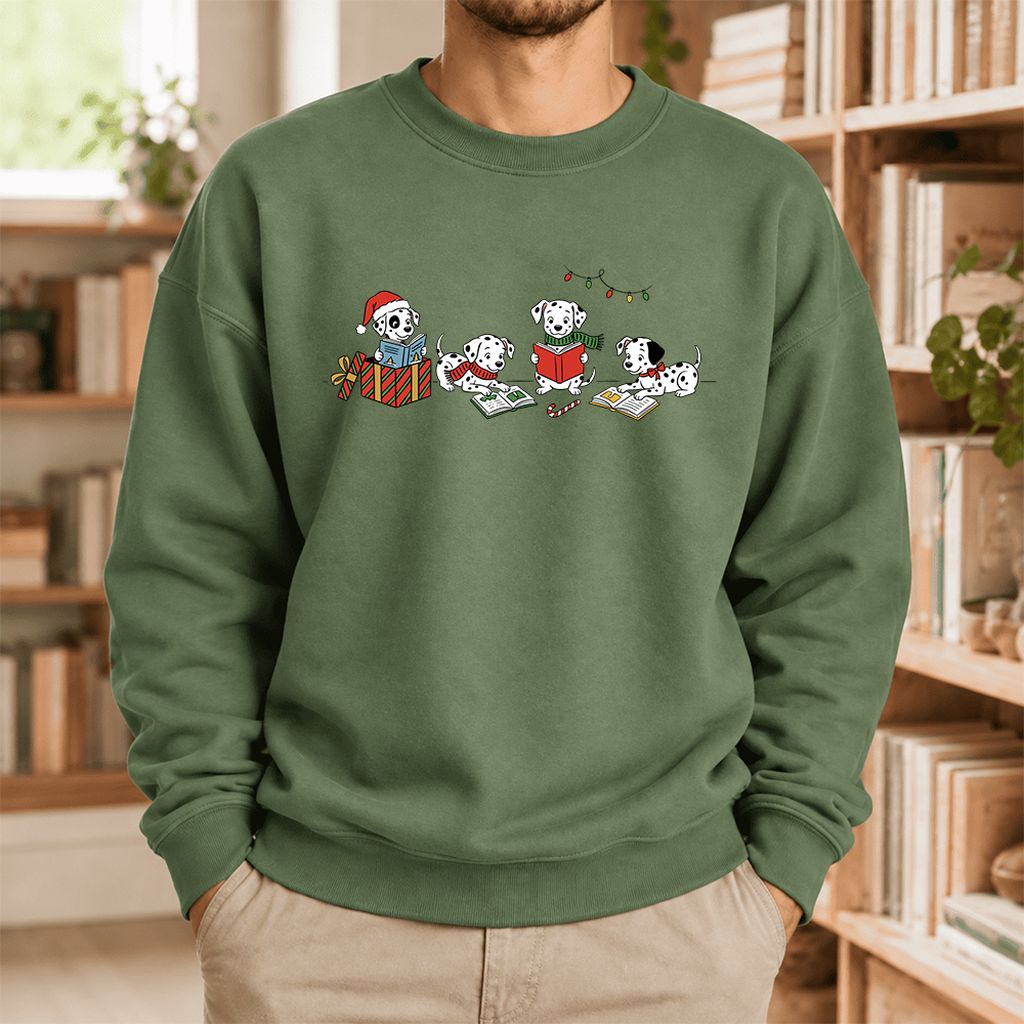 Dalmatian Dogs Reading Softstyle Sweatshirt | Christmas Book Lover Gift Military Green