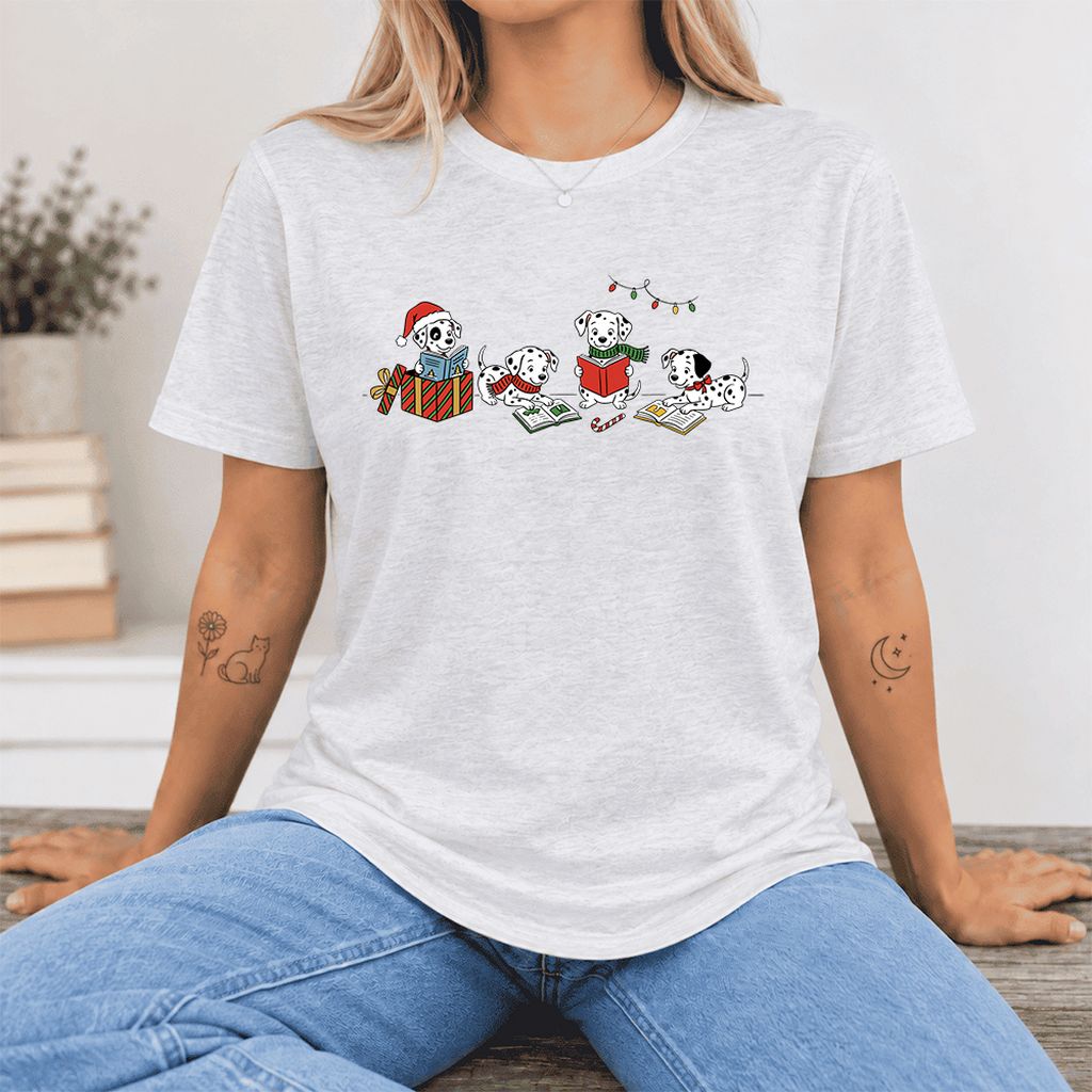 Dalmatian Dogs Reading Ultra-Soft Cotton T-Shirt | Christmas Book Lover Gift Ash