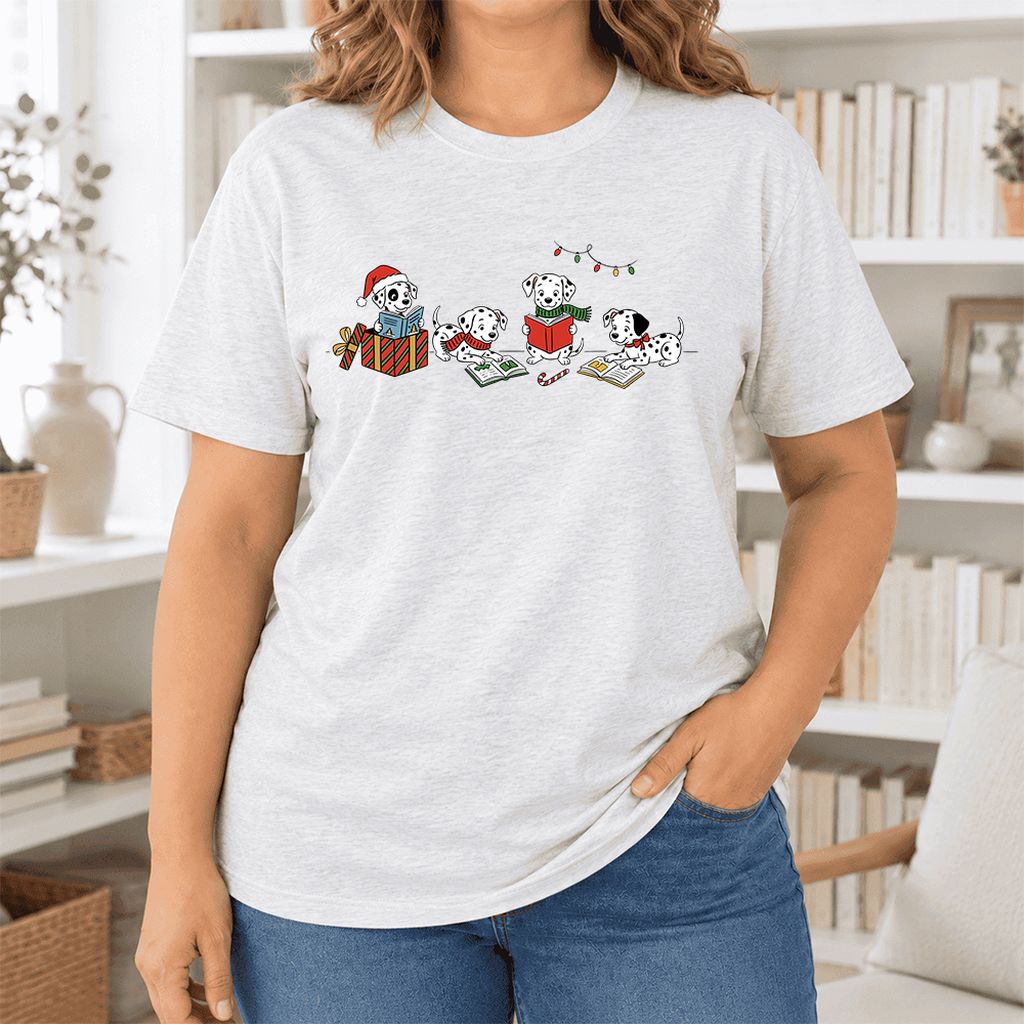 Dalmatian Dogs Reading Ultra-Soft Cotton T-Shirt | Christmas Book Lover Gift Ash