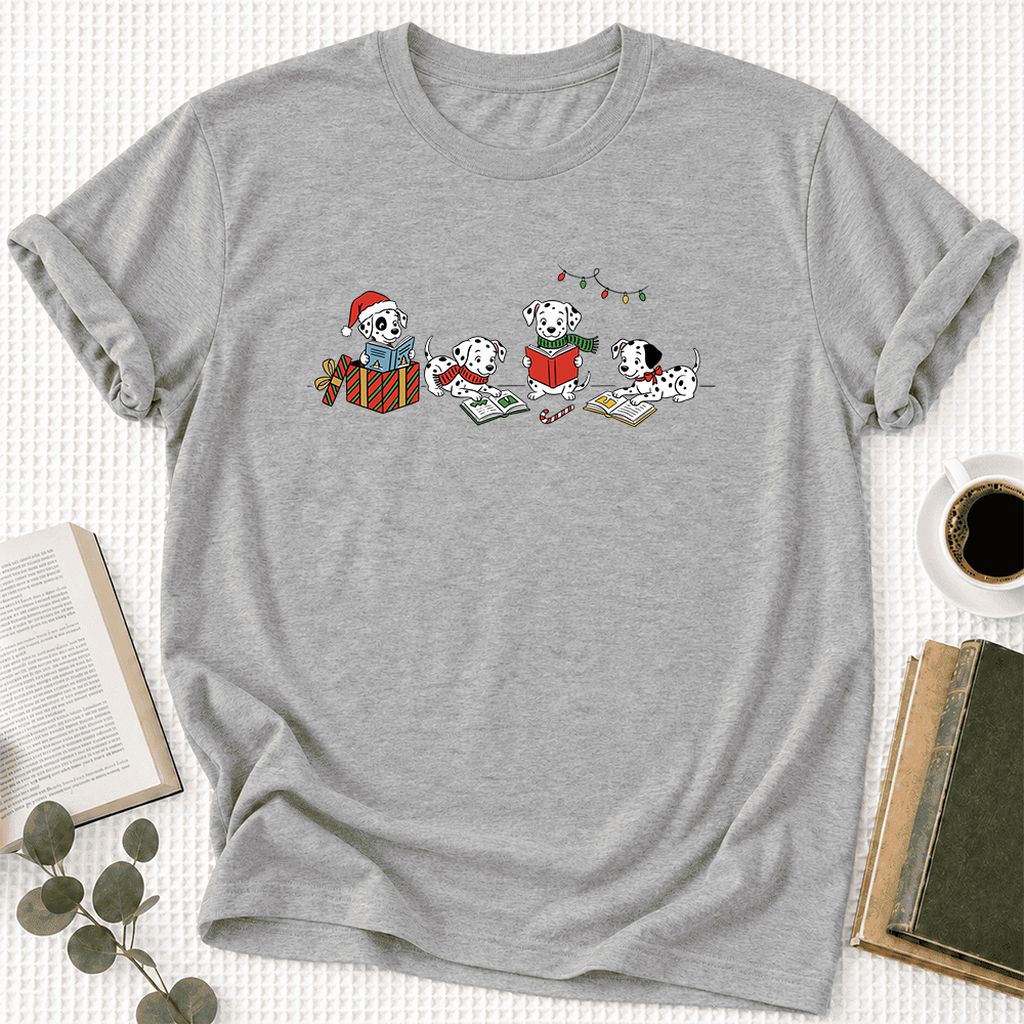 Dalmatian Dogs Reading Ultra-Soft Cotton T-Shirt | Christmas Book Lover Gift Athletic Heather