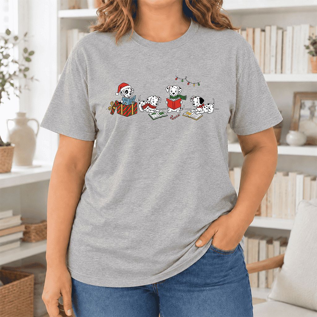 Dalmatian Dogs Reading Ultra-Soft Cotton T-Shirt | Christmas Book Lover Gift Athletic Heather